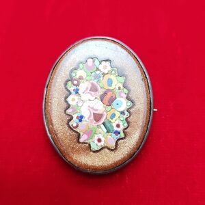 Victorian Pietra Dura Italian Gold Stone Floral Mosaic Pin Brooch